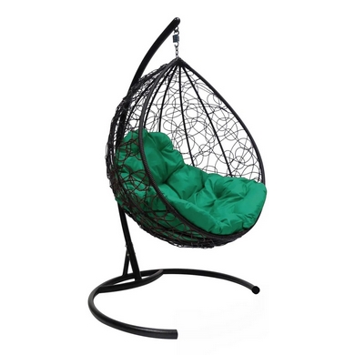 Подвесное кресло Капля (ротанг, чёрное с зелёной подушкой)