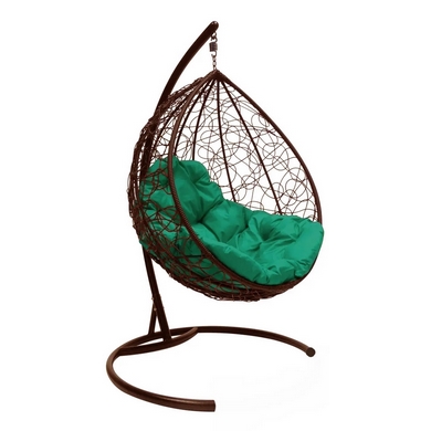 Подвесное кресло Капля (ротанг, коричневое с зелёной подушкой)