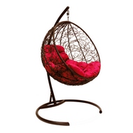 Подвесное кресло Круглое (ротанг, коричневое с красной подушкой)