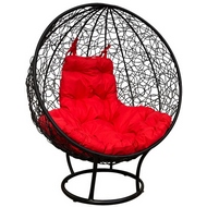 Кресло напольное круглое (ротанг, чёрное с красной подушкой)