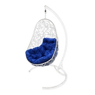 Подвесное кресло Овал (ротанг, белое с синей подушкой)