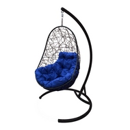 Подвесное кресло Овал (ротанг, чёрное с синей подушкой)