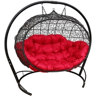 Подвесное кресло Улей (ротанг, чёрное с красной подушкой)