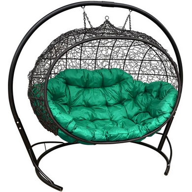 Подвесное кресло Улей (ротанг, чёрное с зелёной подушкой)
