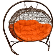 Подвесное кресло Улей (ротанг, коричневое с оранжевой подушкой)