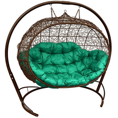 Подвесное кресло Улей (ротанг, коричневое с зелёной подушкой)